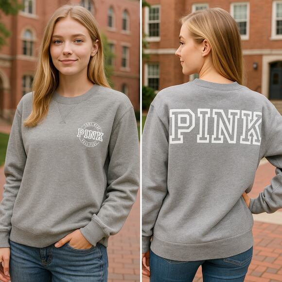 Pink Victoria's Secret Campus Crew Sweatshirt Gray Fleece Lined Size XS - Picture 1 of 10